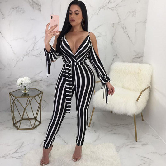 Low Cut Striped Open Shoulder Tied Skinny Jumpsuit - DadHats2ow6ix