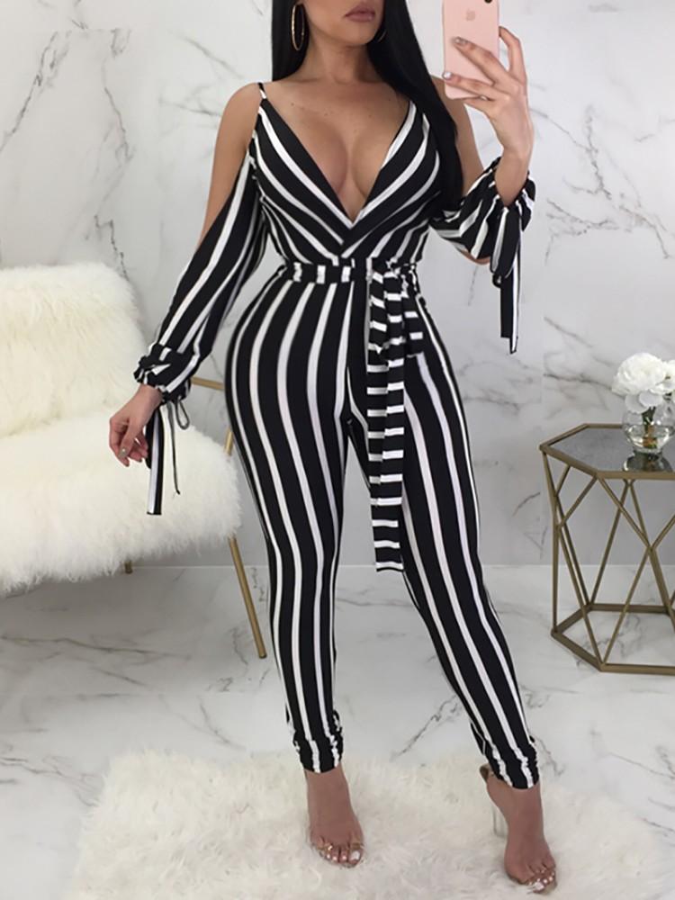 Low Cut Striped Open Shoulder Tied Skinny Jumpsuit - DadHats2ow6ix