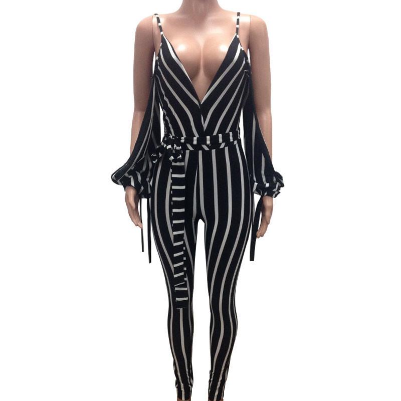 Low Cut Striped Open Shoulder Tied Skinny Jumpsuit - DadHats2ow6ix