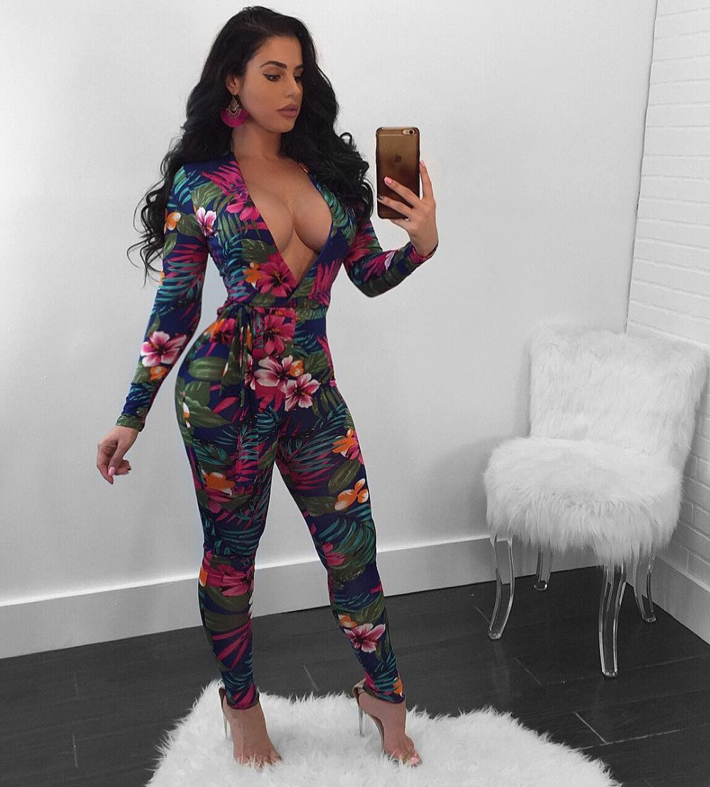 Sexy Deep V Tropical Floral Skinny Jumpsuit - DadHats2ow6ix