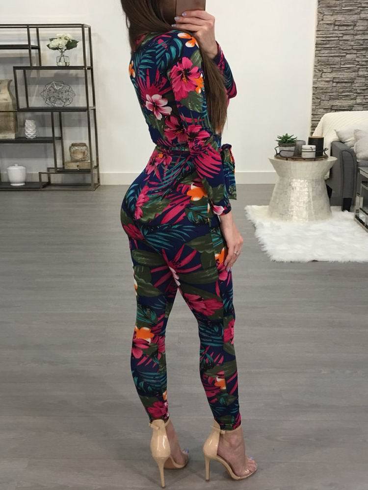 Sexy Deep V Tropical Floral Skinny Jumpsuit - DadHats2ow6ix