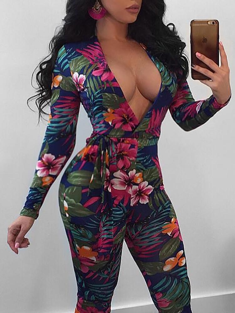 Sexy Deep V Tropical Floral Skinny Jumpsuit - DadHats2ow6ix