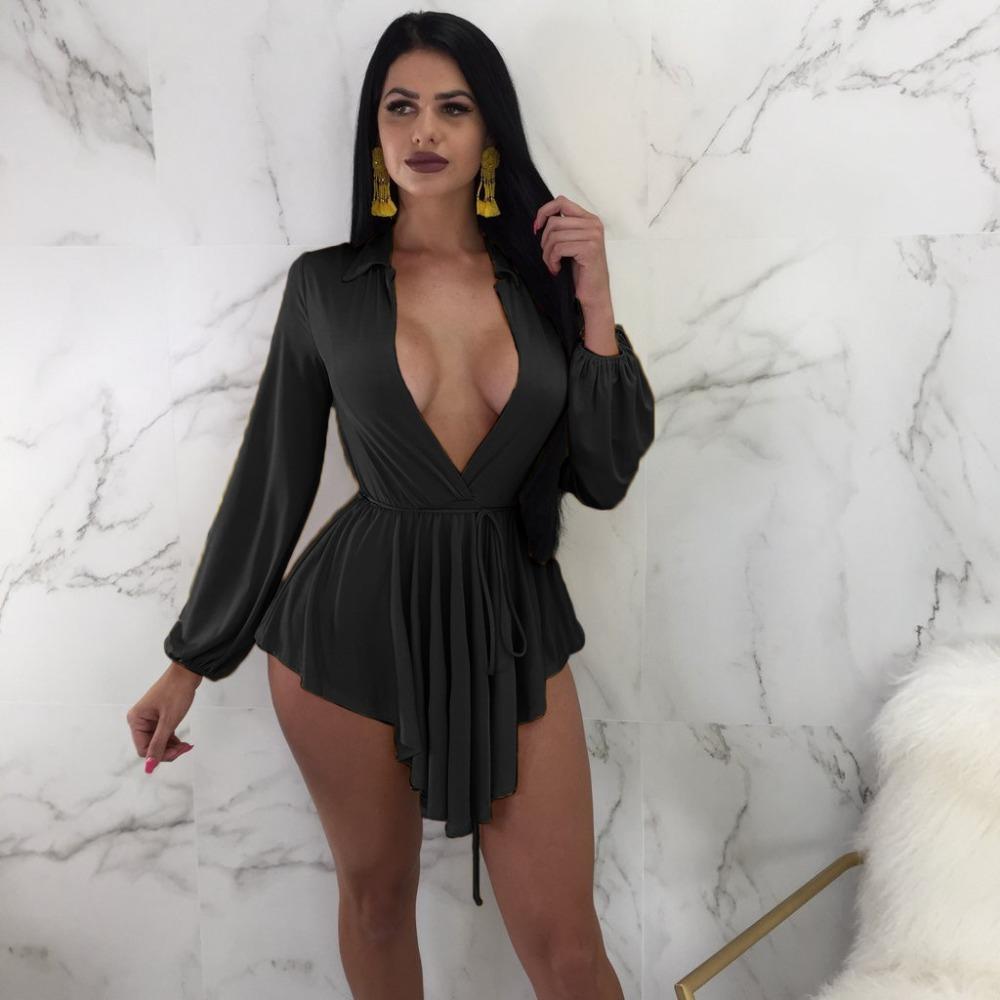 Solid Plunge Irregular Long Sleeve Mini Dress - DadHats2ow6ix